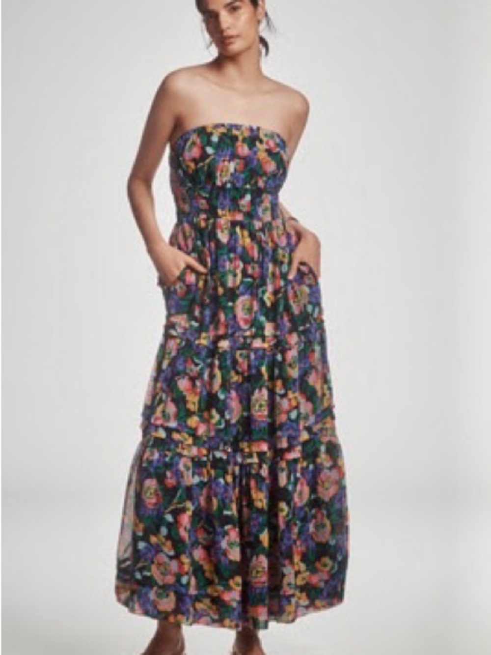 Anthropologie Strapless Floral Maxi Dress in Navy with Pink and Green